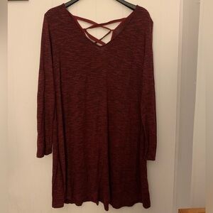 JUST BE Burgundy Heathered V-Neck Long Sleeve DRESS women size 2X Tie-up Back